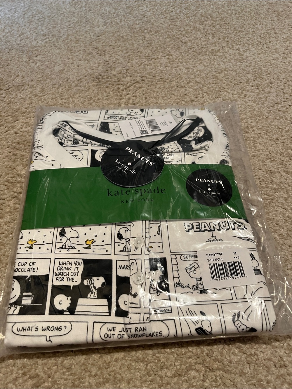 kate spade White and Black Peanuts Comic-Print Cotton Pajama Top